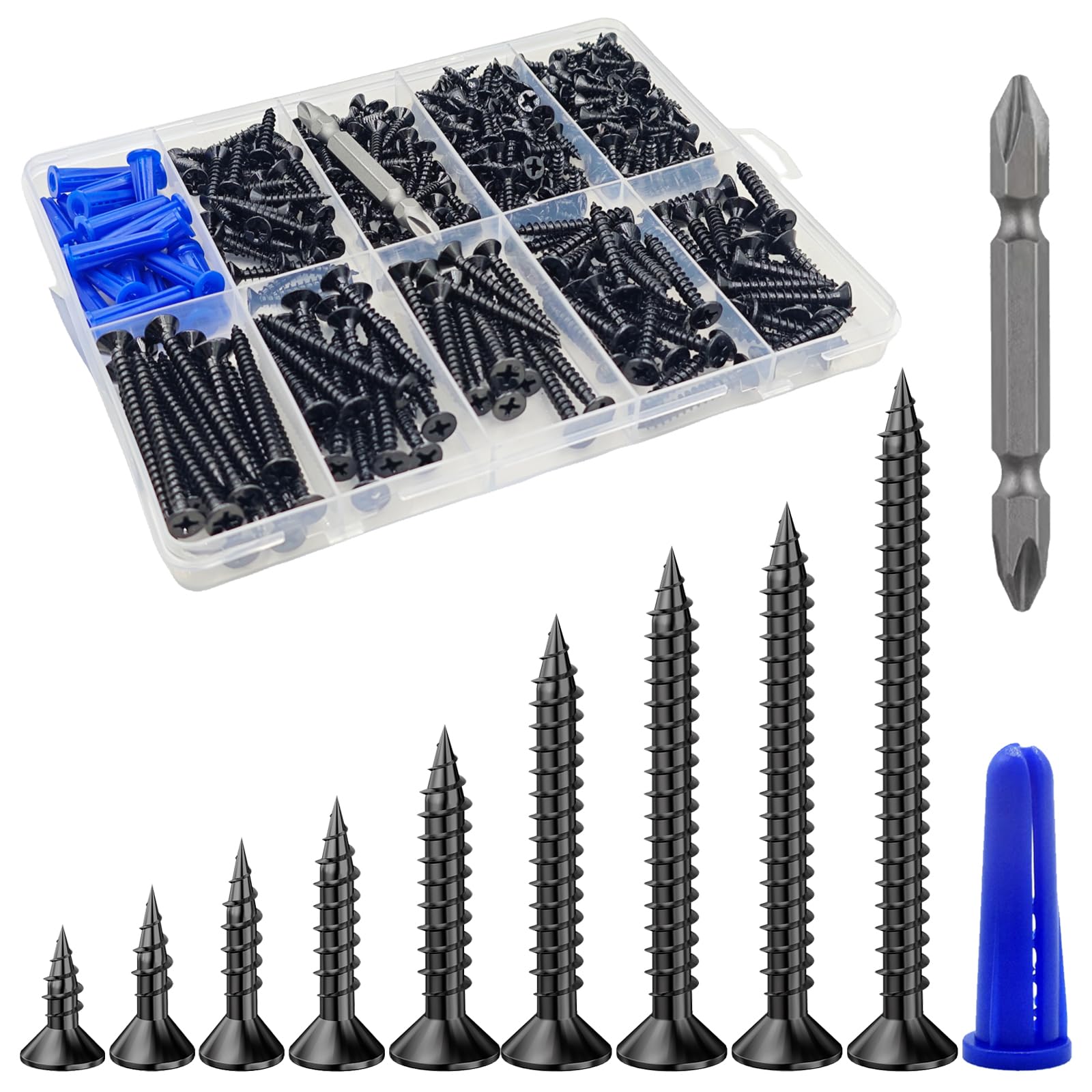 Wensilon 385PCS Wood Screws Assortment Kit, Black Flat Head Screws | Multiple Si