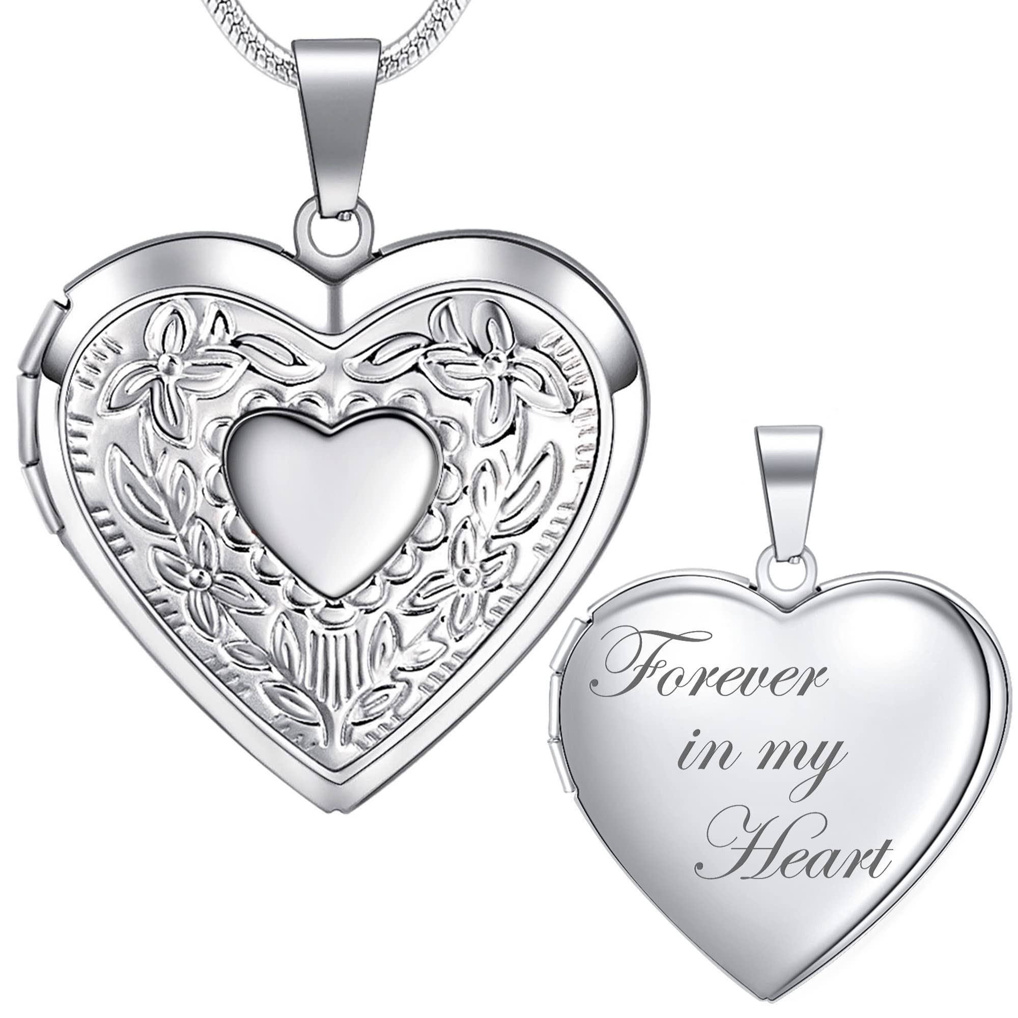 Farfume Locket Necklace For Women, Silver Heart Personalized Photo lockets