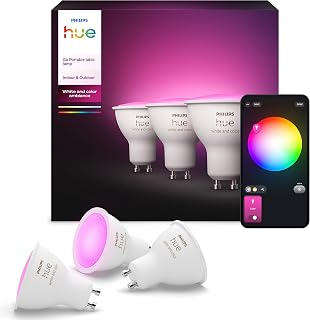 Philips Hue GU10 Spotlight Bulb, 3 Pack | White and Colour Ambiance Light, Smart LED, 400lm, 4.2W, Dimmable, Bluetooth App Control, Smart Home