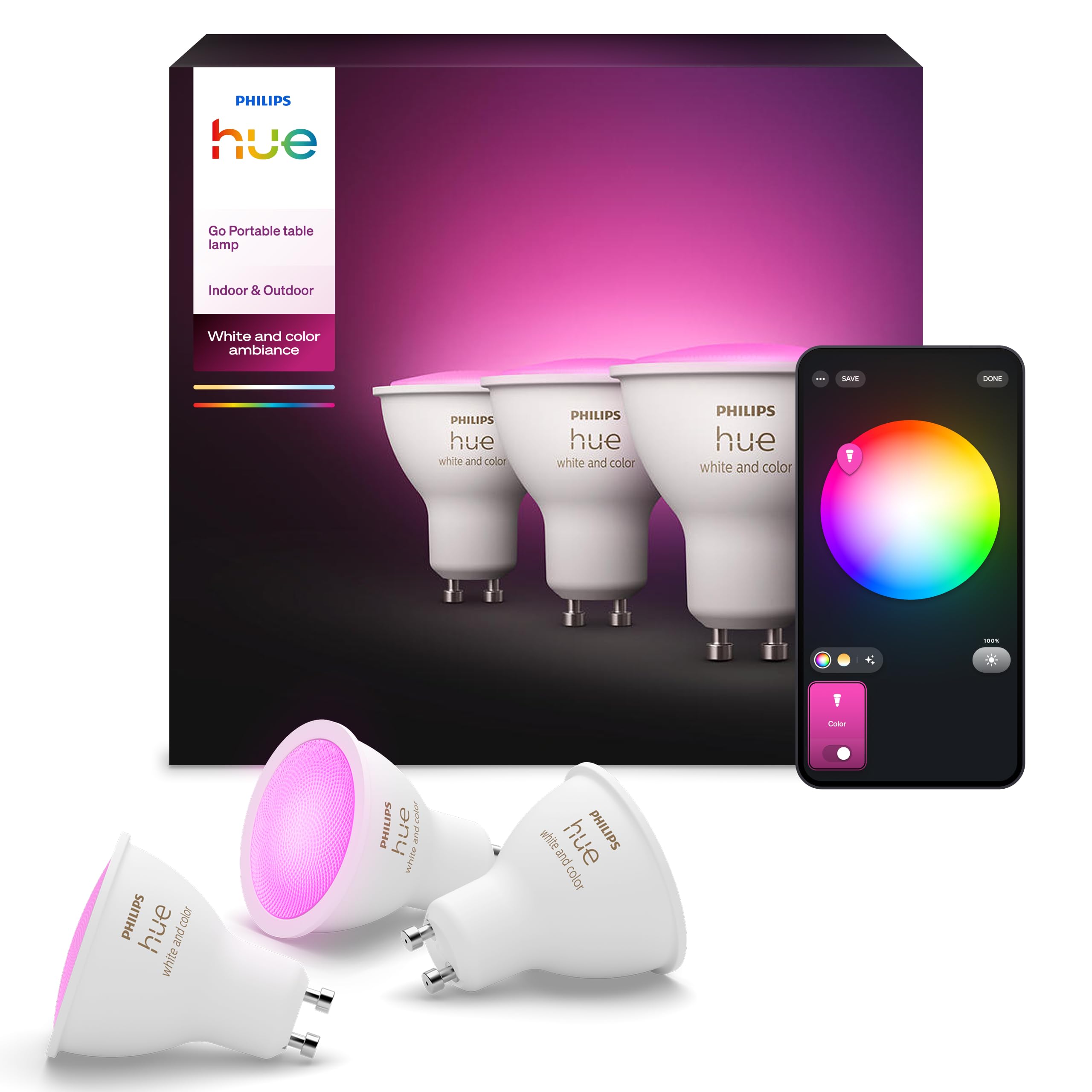 Philips Hue GU10 Spotlight Bulb, 3 Pack | White and Colour Ambiance Light, Smart