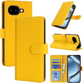 SailorTech Case for Google Pixel 10a Genuine Leather with Wallet Card Slot, Flip Folio Book with Kickstand Magnetic Cover Leather Protective Shockproof Phone Cover for Pixel 10a Purse Case - Yellow