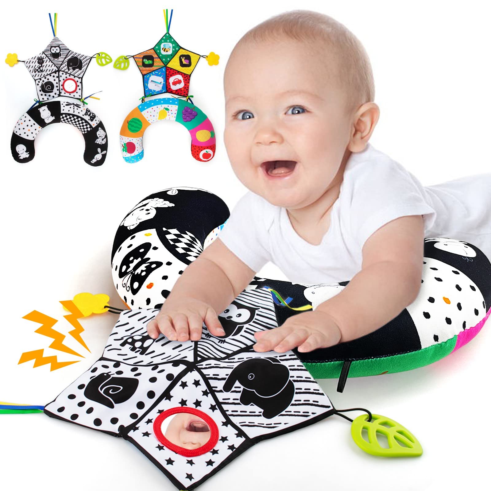 teytoy Tummy Time Pillow with Crinkle Mat & Teethers, Black and White High Contr