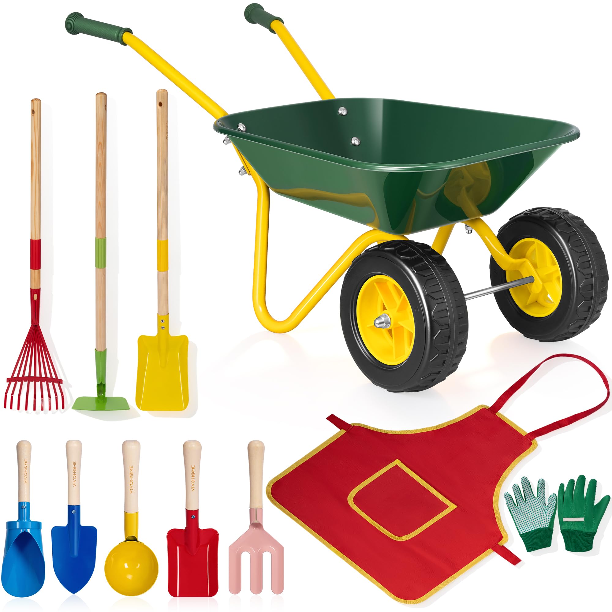 VIVOHOME 11 PCS Kids Wheelbarrow Set Children Garden Cart - Green | With Metal G