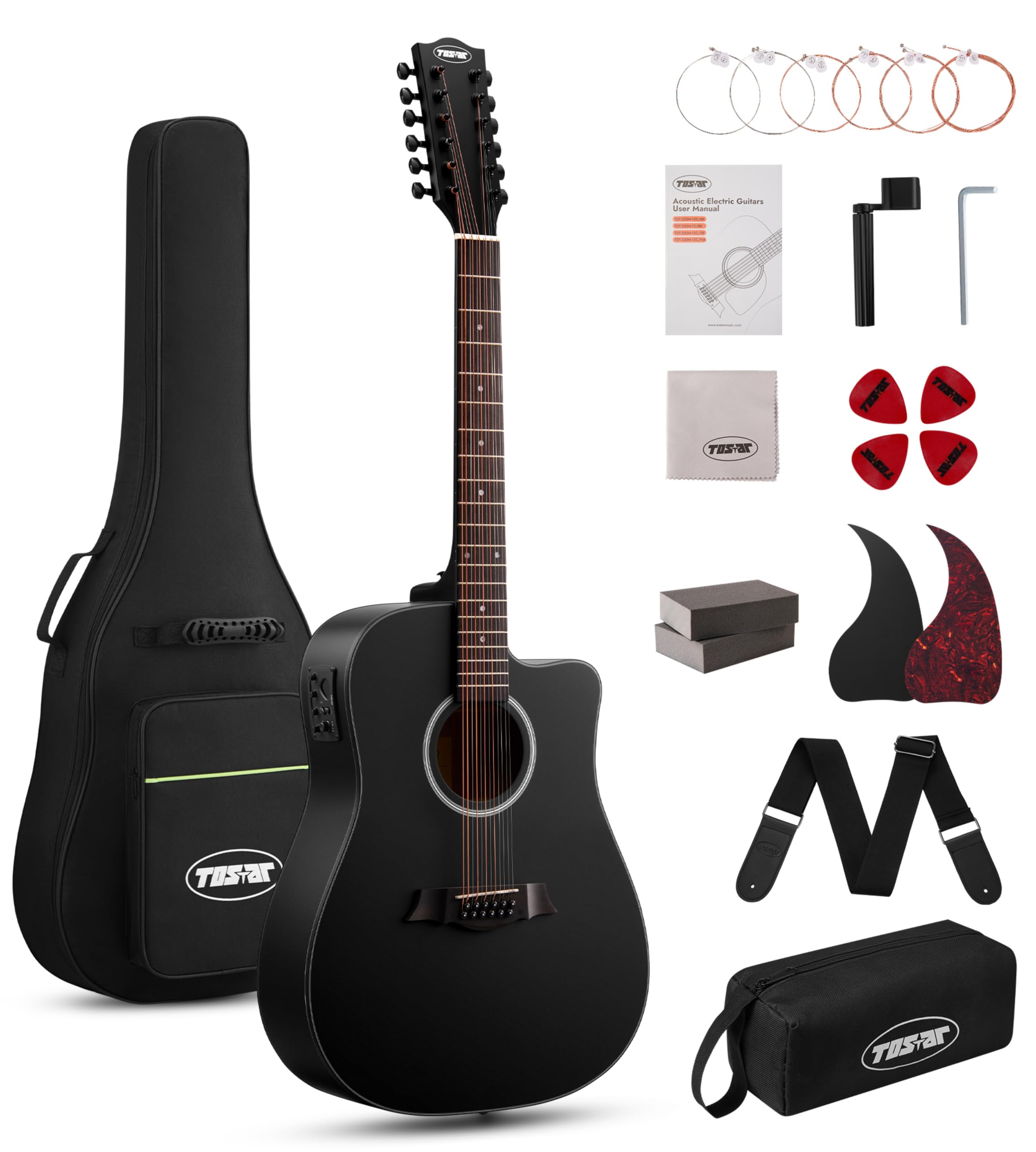Tostar 12 String Acoustic Electric Guitar for All Players, Cutaway Black | 42" F