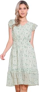 Allegra K Womens Floral Dress V Neck Ruffle Smocked Knee Length Dresses