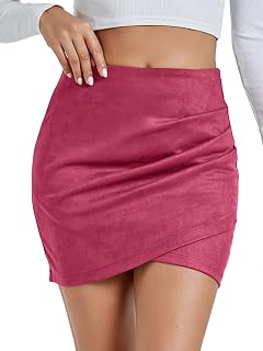 Rooscier Women's Suede Ruched Wrap High Waist Bodycon Zipper Back Mini Skirts