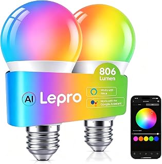 Lepro E27 Smart Bulbs, 806lm 8.5W, RGB Colour Changing, AI Lighting, 2 Pack | 60W Equiv, 2700K–5700K Tunable, 1–100% Dimmable, WiFi & Bluetooth, Music Sync, Smart Timer, Alexa & Google Home Compatible