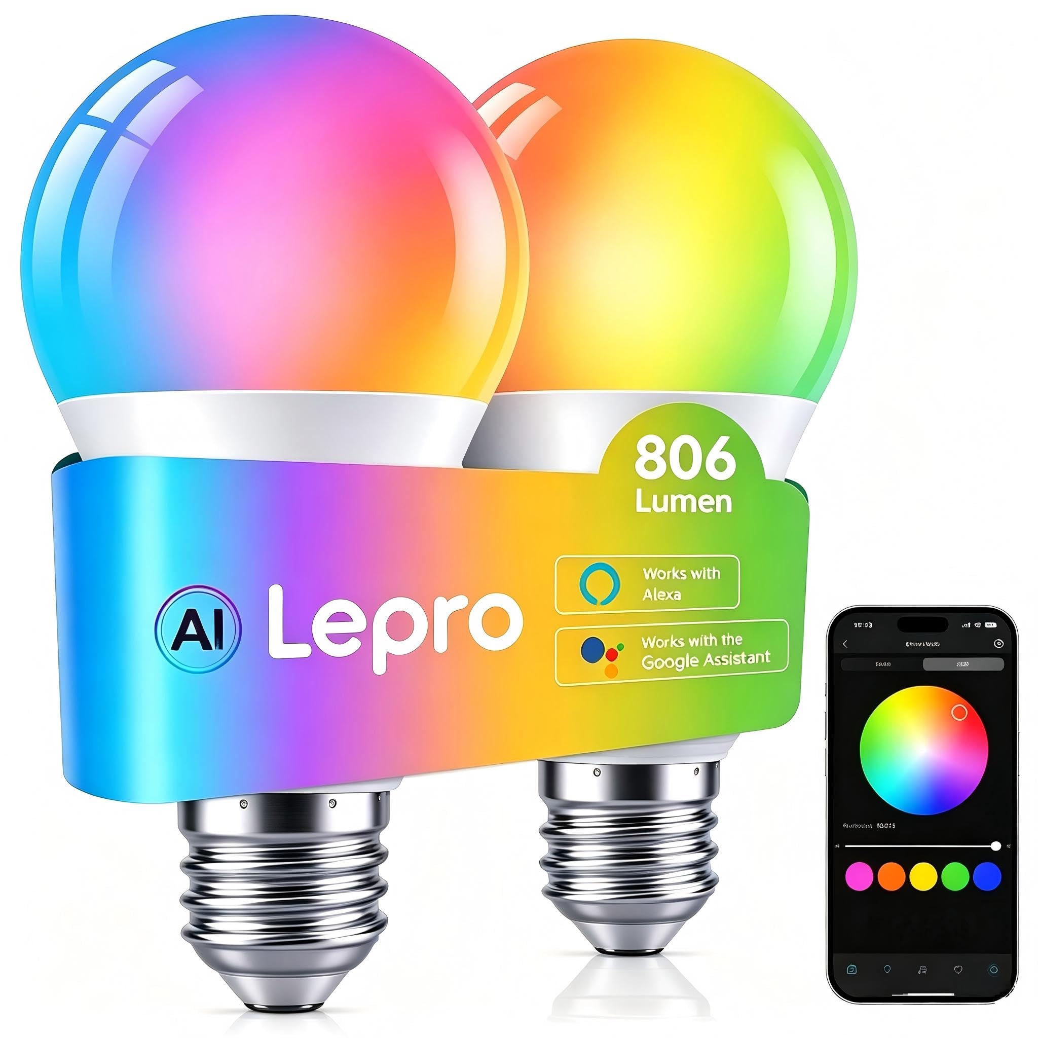 Lepro E27 Smart Bulbs, 806lm 8.5W, RGB Colour Changing, AI Lighting, 2 Pack | 60