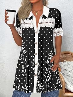 Plus-Size Shirts for Women V-Neck Short Sleeve Graphic Lace Top,Spring and Summer Style,Suitable for Casual Outings