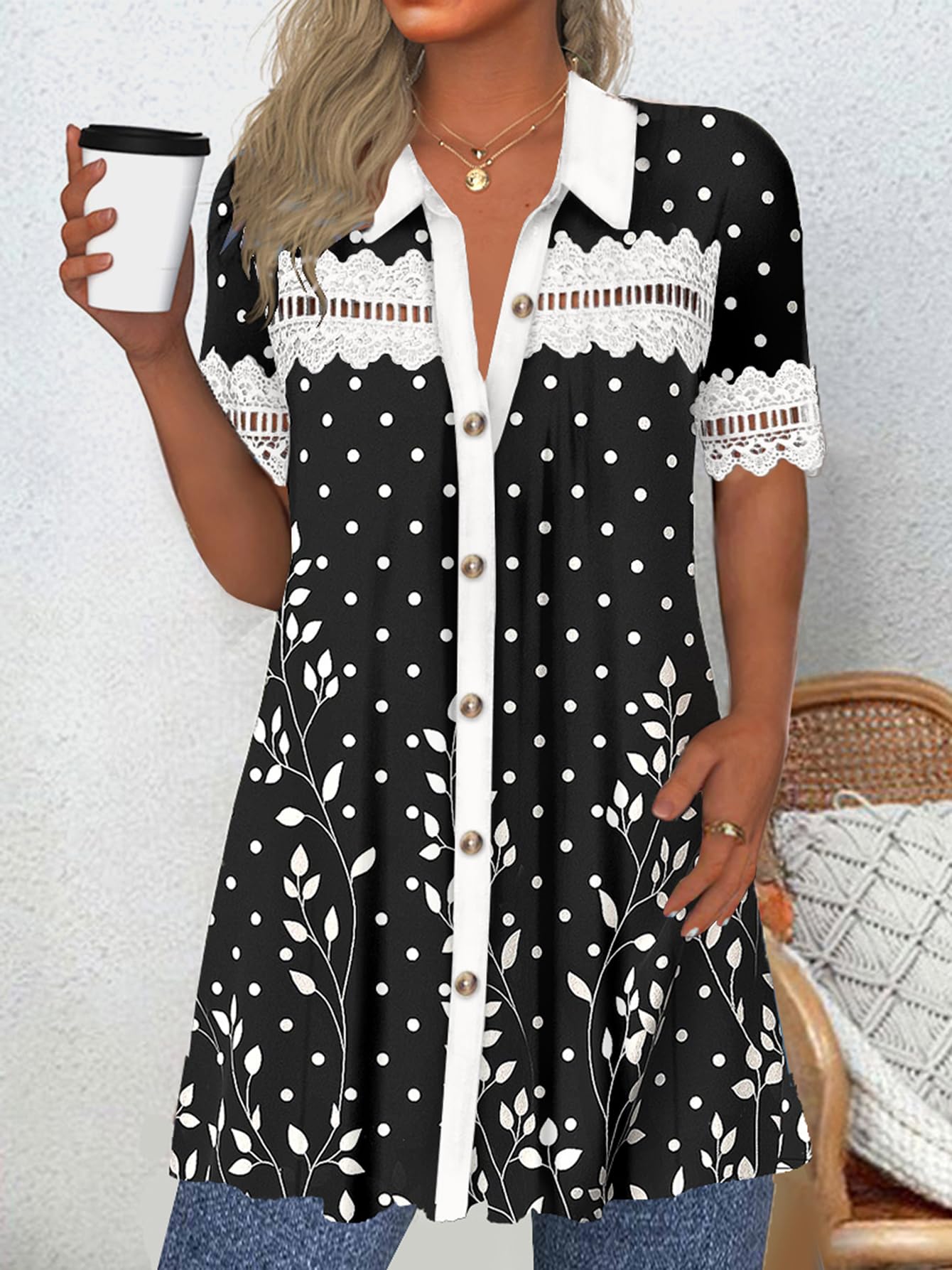 Plus-Size Shirts for Women V-Neck Short Sleeve Graphic Lace Top,Spring and Summe