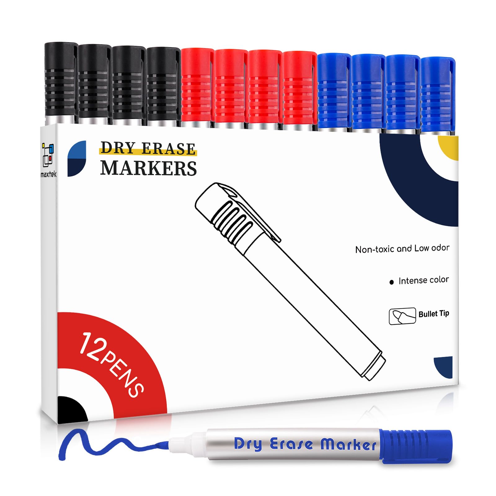 maxtek Whiteboard Pens, 12pcs Whiteboard Markers 3 Assorted Colours Black Blue R