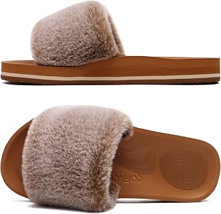 COFACE Womens Slides Fuzzy Slippers Open Toe Fluff Slippers With Arch Support Plantar Fasciitis Orthotic Slippers Women House Shoes