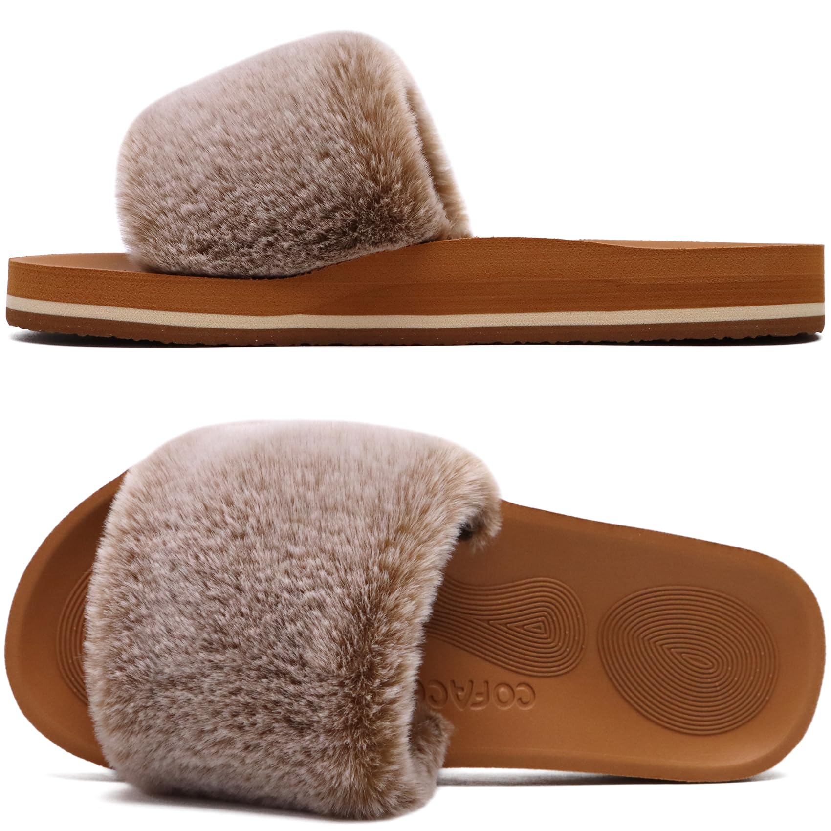 COFACE Womens Slides Fuzzy Slippers Open Toe Fluff Slippers With Arch Support Pl