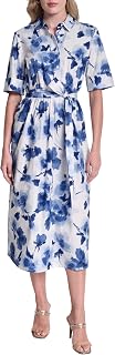 DKNY Short Sleeve Cotton Poplin Collared Faux Wrap Dress for Women