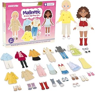 CHEFAN Magnetic Dress Up Dolls with Seasonal Outfits and Storage Box | Includes 2 magnetic dolls, seasonal outfits, bedroom scene and accessories in a portable storage box for pretend play at home