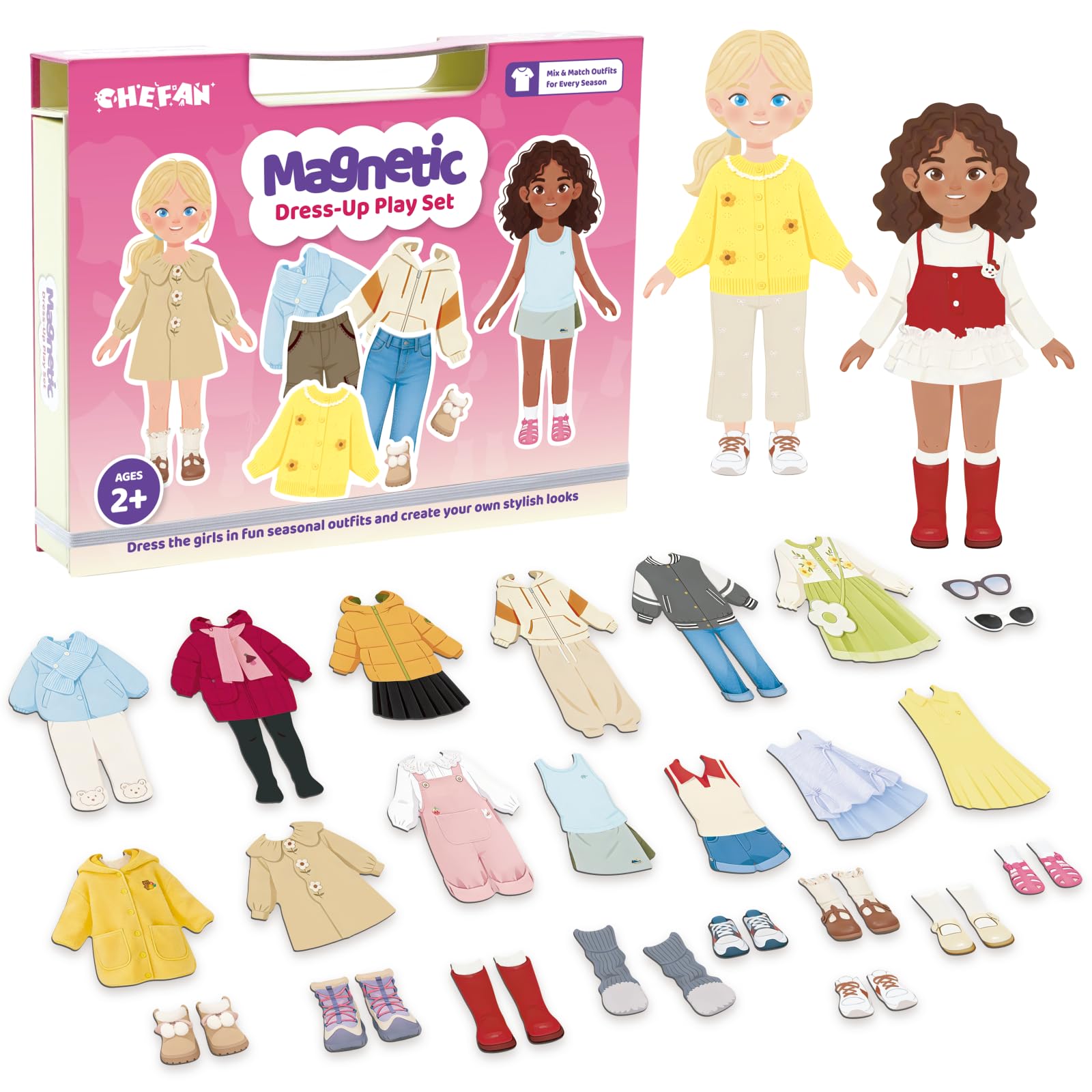 CHEFAN Magnetic Dress Up Dolls with Seasonal Outfits and Storage Box | Includes 