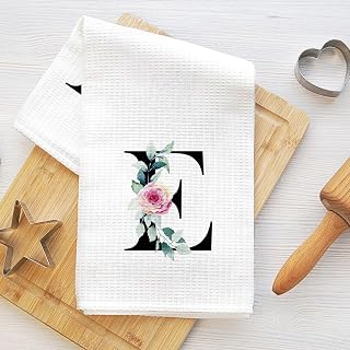 Alphabet Letter Floral Kitchen Towels, Personalized Absorbent Microfiber Tea Towel, Soft Towel with Honeycomb Monogram for Farmhouse and Bathroom, Letter E