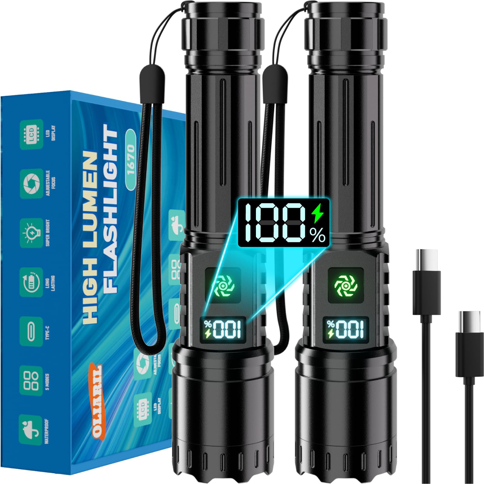 Torch Rechargeable 2 Pack, Torches Led Super Bright 1,000,000LM Flashlight | LCD