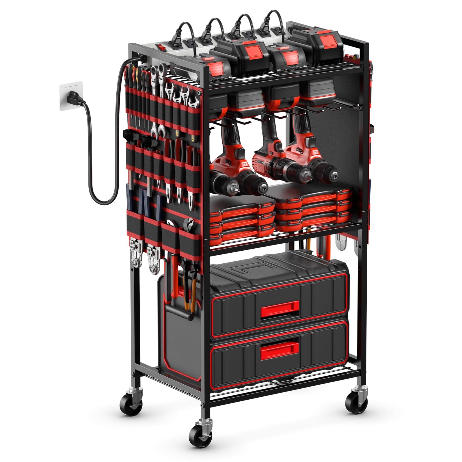 JUNNUJ Power Tool Organizer Cart with Charging Station, 6 FT Cord, Red | Floor S