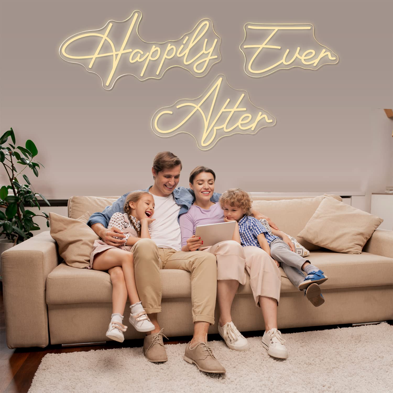Super Large Neon Sign Happily Ever After with Dimmer, Art Decorative Neon Lights