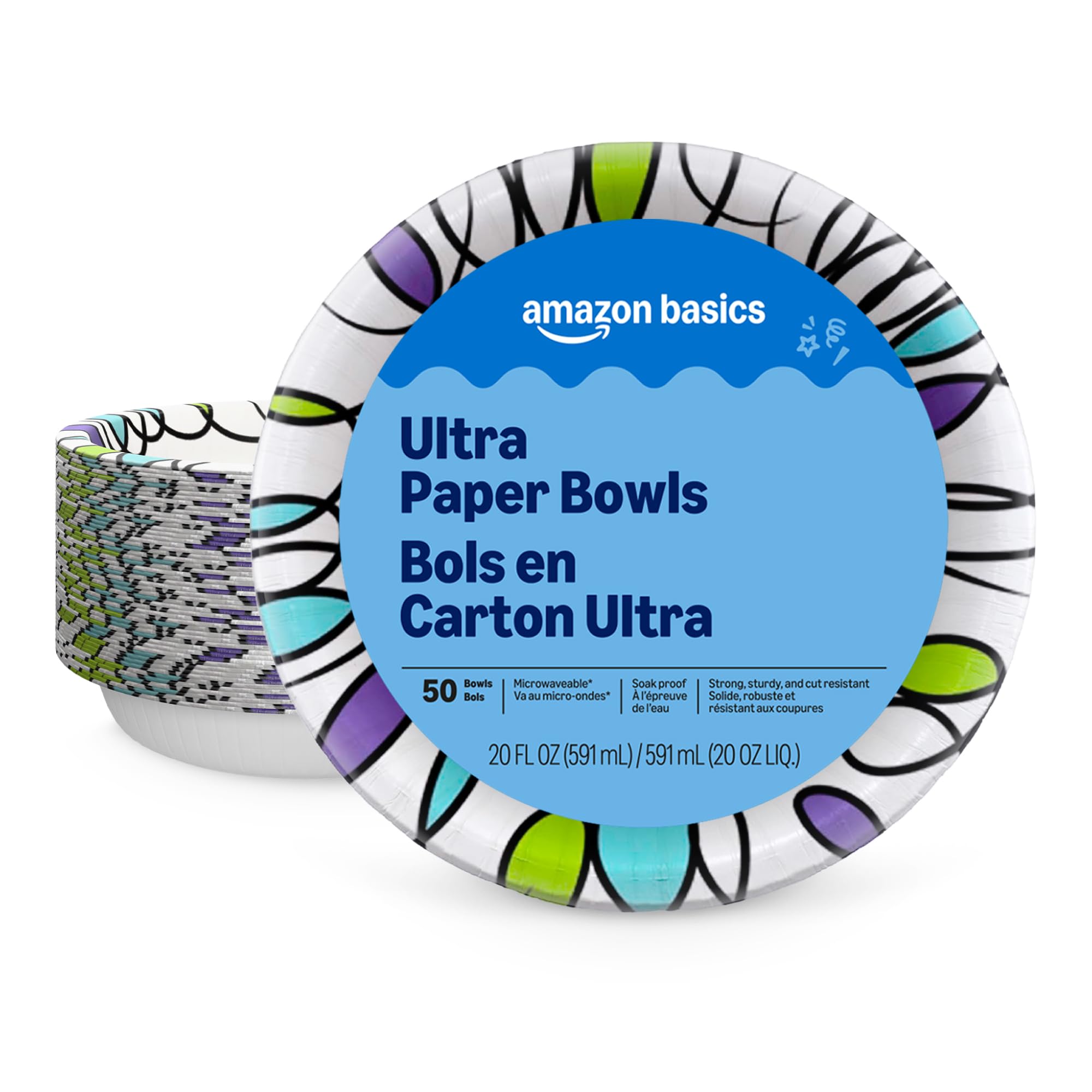 Amazon Basics Ultra Disposable Paper Bowls, 20 oz, Microwave Safe, Soak Proof, S