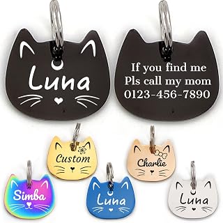 Personalized Cat Head ID Tag, Stainless Steel Engraved Pet Name Tag | Personalized with up to 4 Lines of Custom Text, Small Pet Mini Dog Cat Tag, Lightweight, Engraved on Both Sides