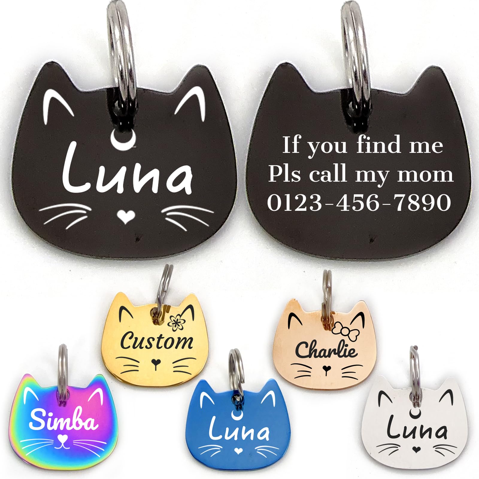 Personalized Cat Head ID Tag, Stainless Steel Engraved Pet Name Tag | Personaliz