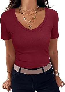 Aottori Women's V-Neck Ribbed Basic Top Short Sleeve Summer