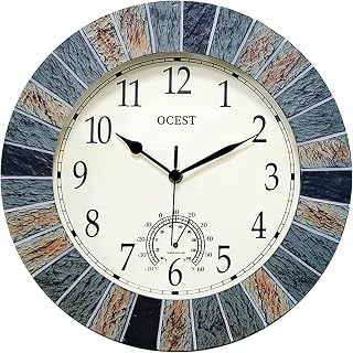 OCEST 13 Inch Waterproof Indoor Outdoor Wall Clock with Thermometer, Brown | Silent non-ticking battery movement, brown easy-read dial for patio, pool, lanai, fence, porch, and garden