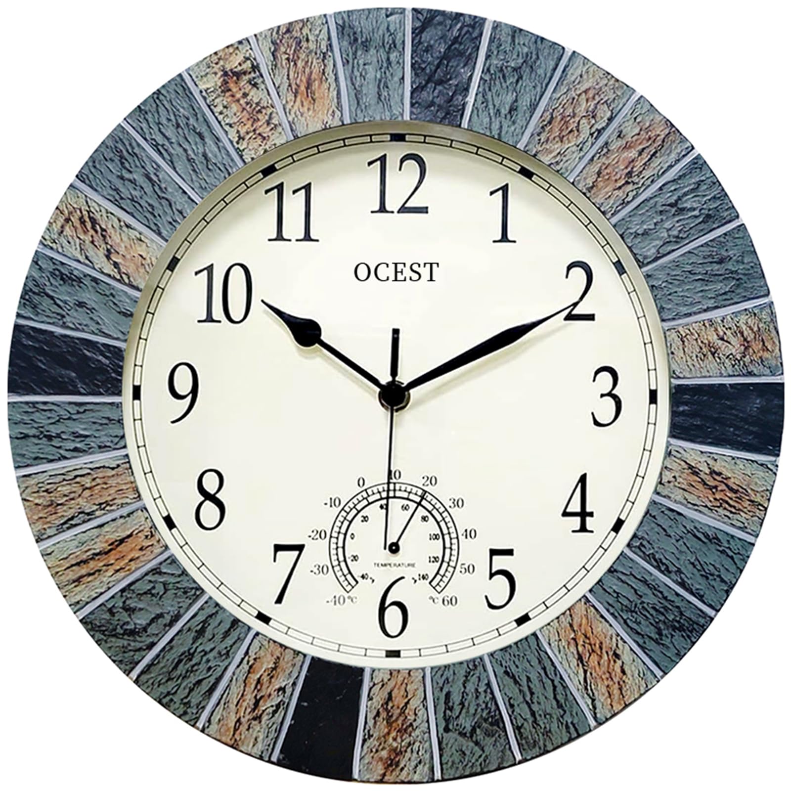 OCEST 13 Inch Waterproof Indoor Outdoor Wall Clock with Thermometer, Brown | Sil