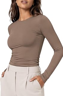 ODODOS Women's Double Layer Long Sleeve T-Shirts Ultra-Soft Lightweight Basic Tee Crew Neck Slim Fit Top