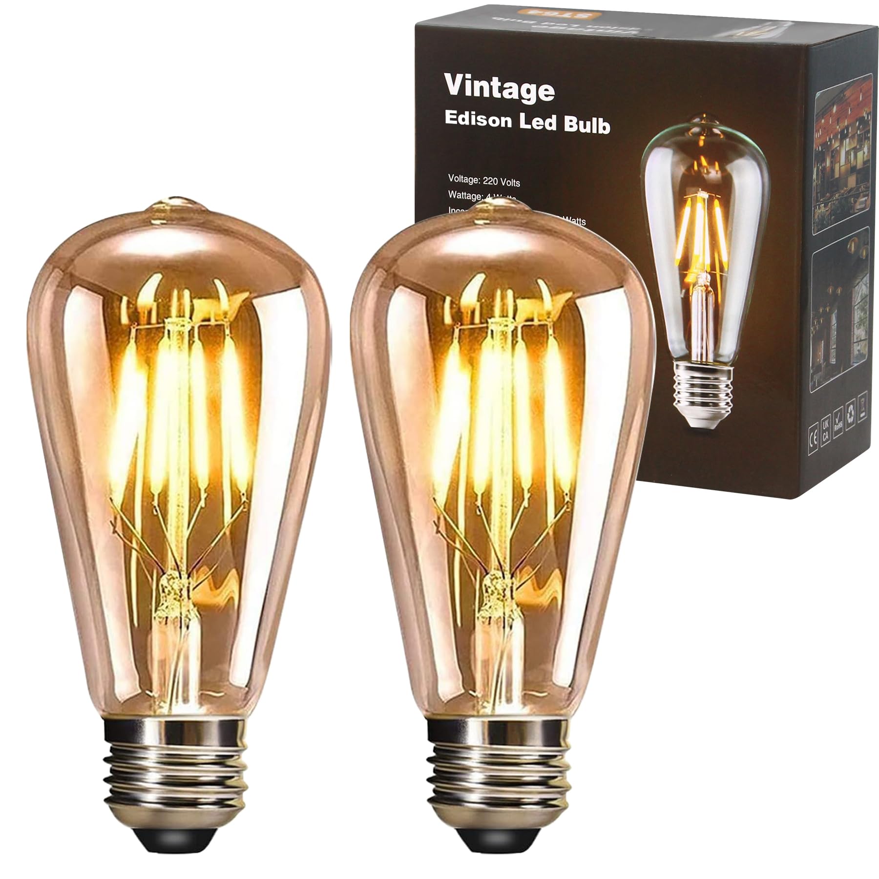 YOUDIAN E27 LED Edison Screw Bulb,Vintage Light Bulb ST64 4W(Pack of 2) | Warm W