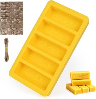 Silicone Beeswax Mold with 10pcs Wrapping Papers, Makes 5 x 1oz | Reusable &amp; Easy Release Wax Melt Mold with “Beeswax” Embossed , Durable Candle Making Supplies, DIY Soap Making Craft Tool