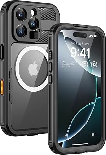 Lanhiem Magnetic for iPhone 16 Pro Max Waterproof Case, Black/Clear | IP68, [Compatible with Magsafe] Dustproof, Built-in Screen Protector, Full Body Heavy Duty Rugged Phone Cover 6.9 inch