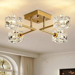 Gold Semi Flush Mount Ceiling Light, Modern 4-Light Sputnik Ceiling Light Fixture 18-Inch Dining Room Light Fixture with Glass Shades Modern Ceiling Light for Dining Room Kitchen Hallway