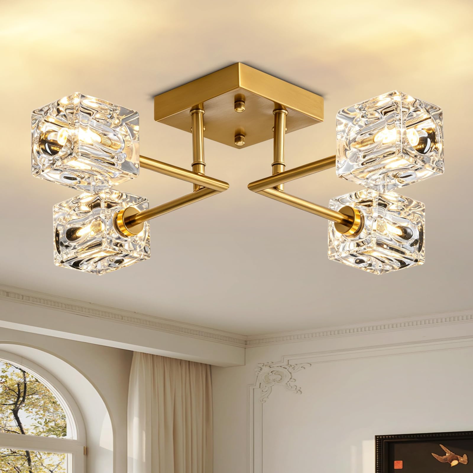 Gold Semi Flush Mount Ceiling Light, Modern 4-Light Sputnik Ceiling Light Fixtur