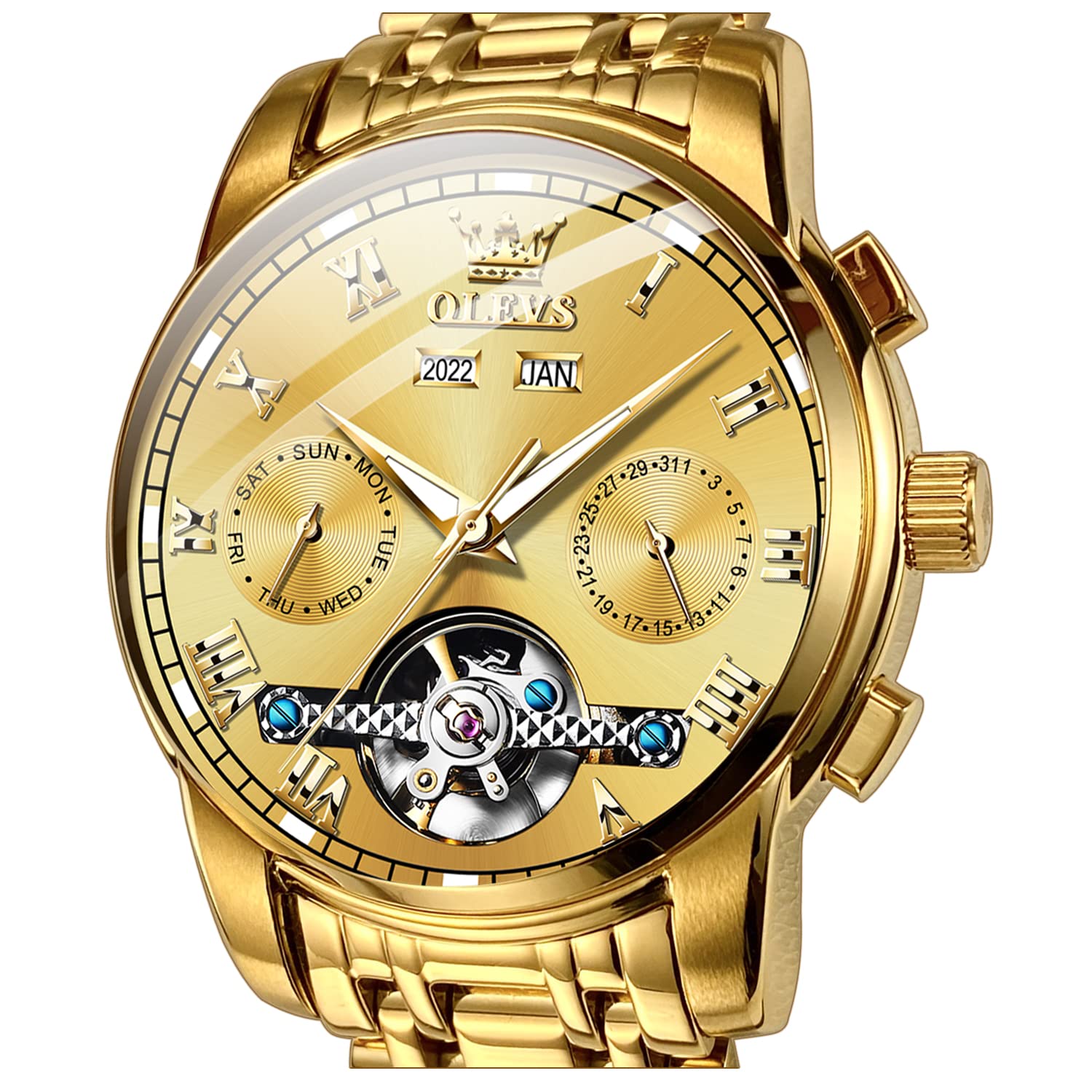 OLEVS Mens Automatic Mechanical Tourbillon Watches Stainless Steel Waterproof Lu