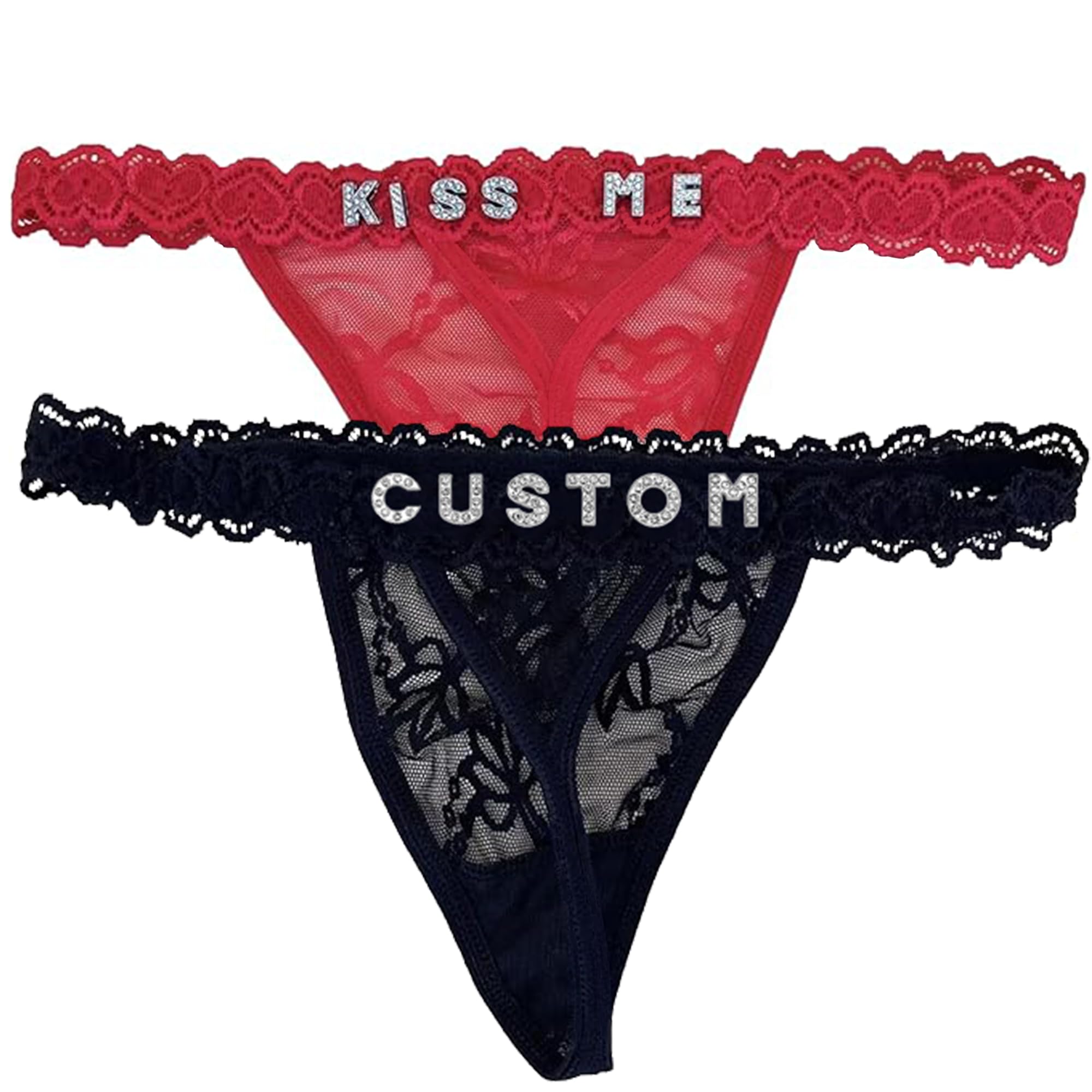 2-Pack Personalized Thongs with Names, Custom Lace Underwear Panties with Rhines