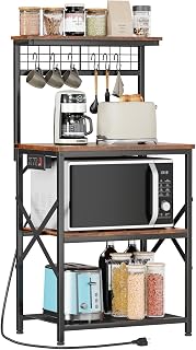 Furologee Kitchen Bakers Rack with Power Outlet, 22-Inch Microwave Stand | Coffee Bar Table with 6 S Hooks, Microwave Cart with 4-Tier Storage, Kitchen Storage Shelf for Spices, Pots, Rustic Brown