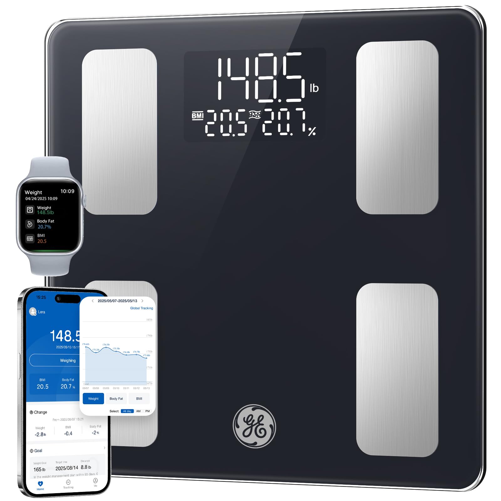 GE Smart Scale for Body Weight and Fat, 3-in-1 Display, 400 lb, 11 inch | Digita