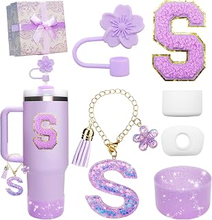 Cup Accessories for Stanley Cup 40OZ 30OZ, 7Pcs All Accessories Contain Flower Straw Topper, Sillicone Boot, Letter Stickers and Pendants,Spill Stopper Set,Gift Box (Purple S)