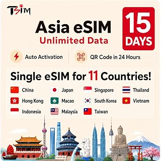Asia eSIM 11 Countries | 15 Days Unlimited Data in China, HK, Indonesia, Japan, Macao, Malaysia, Singapore, South Korea, Taiwan, Thailand, Vietnam | Get QR Code in 24 Hours | Auto Activation