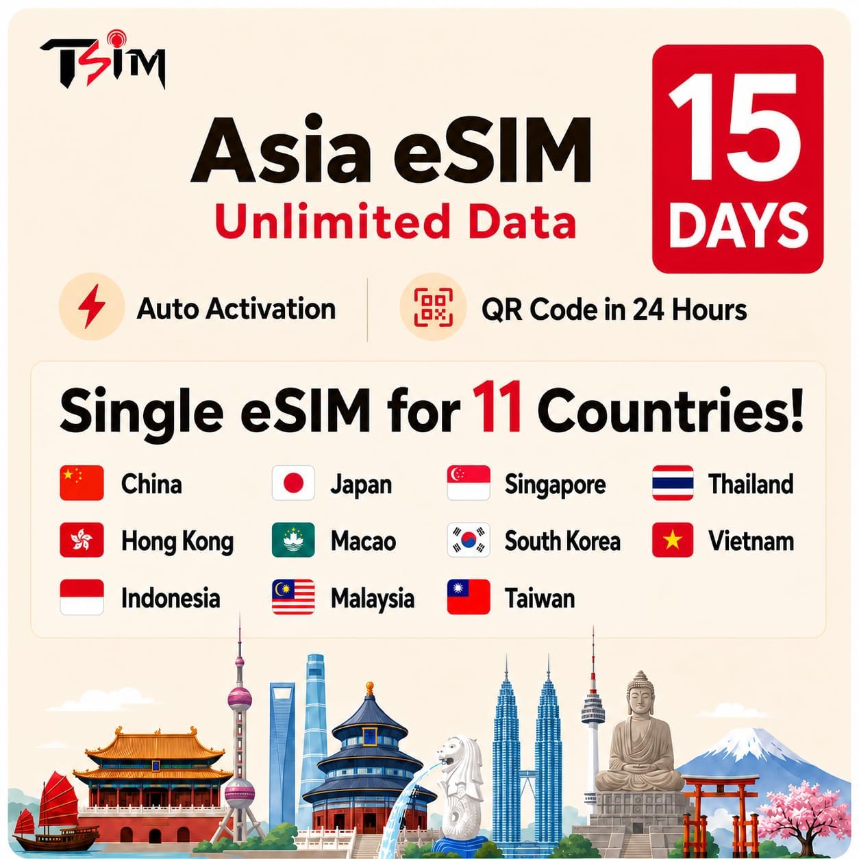 Asia eSIM 11 Countries | 15 Days Unlimited Data in China, HK, Indonesia, Japan, 