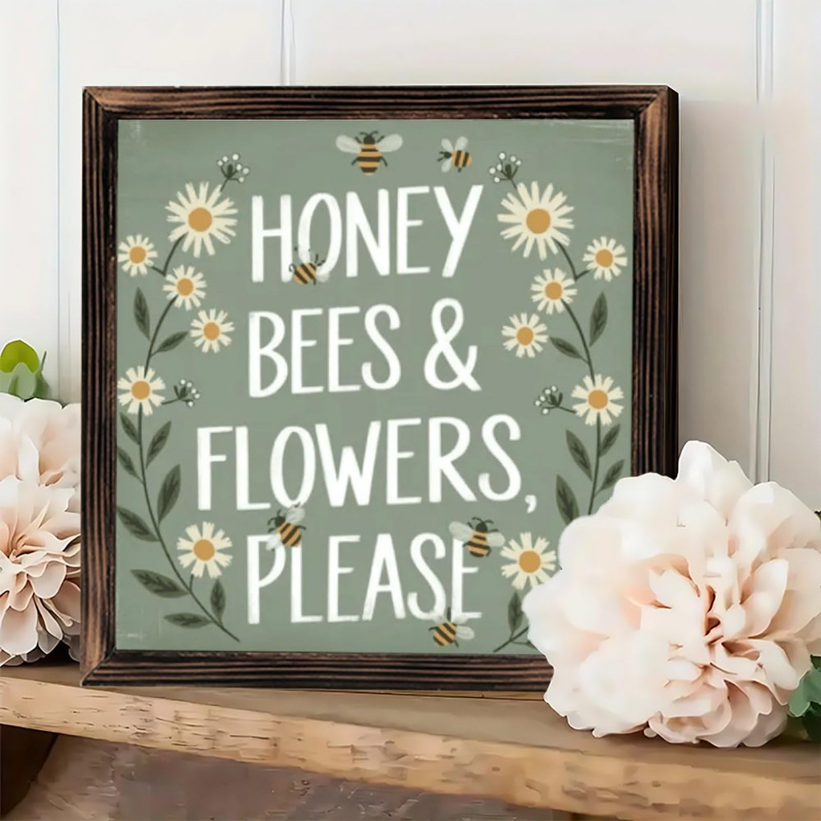 Rustic Vintage Framed Wall Sign - Floral Bees and Daisies - Table Decor 8x8 - Gi