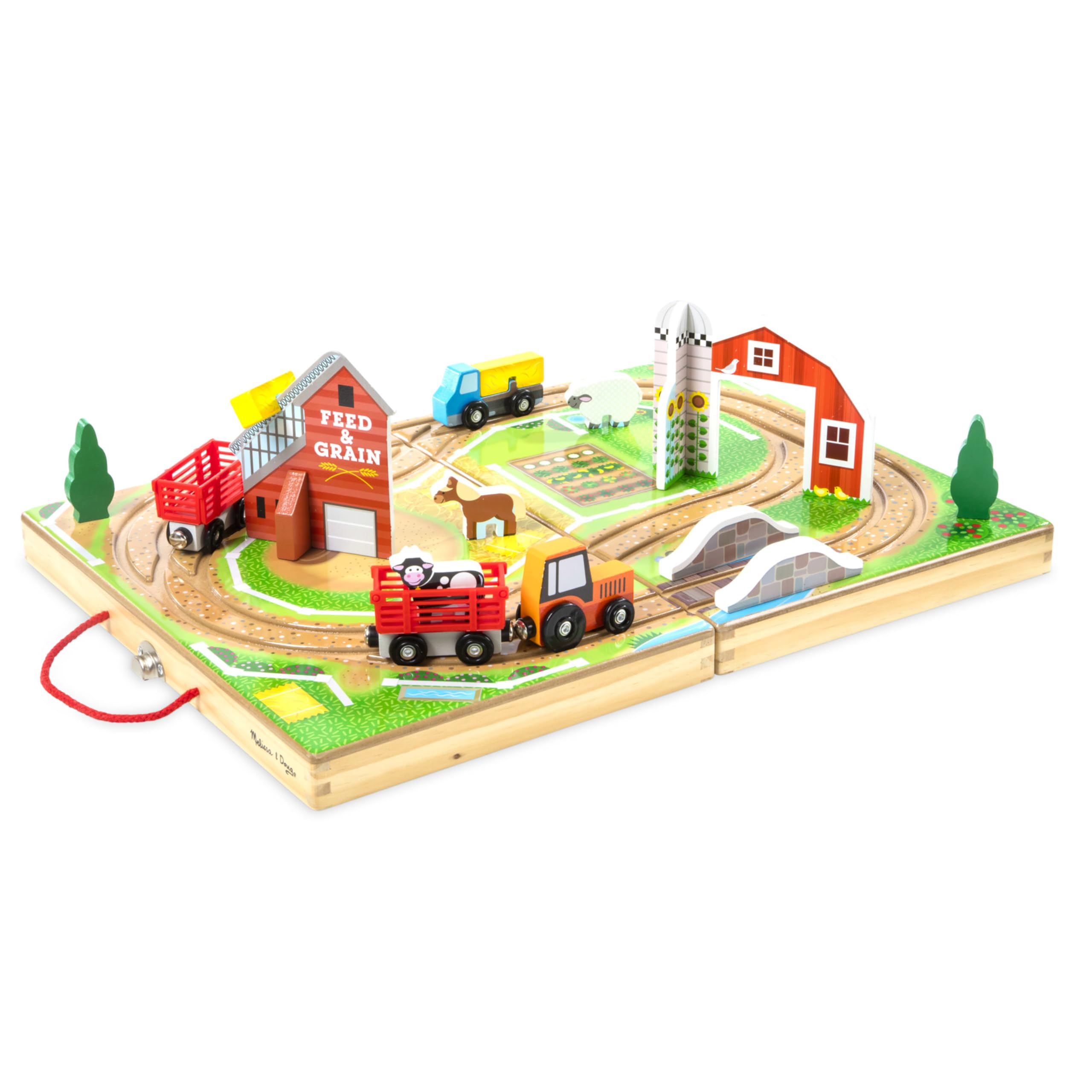 Melissa & Doug 17-Piece Wooden Take-Along Tabletop Farm, 4 Farm Vehicles, Play P