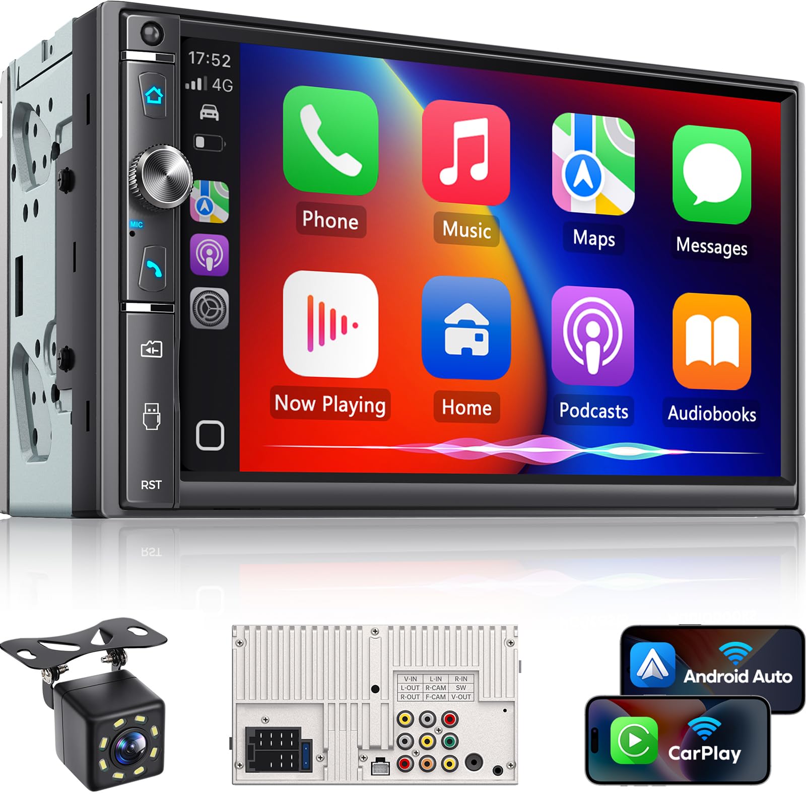 Kissound Double Din Car Stereo with 7" HD Touchscreen, Wireless Apple Carplay & 