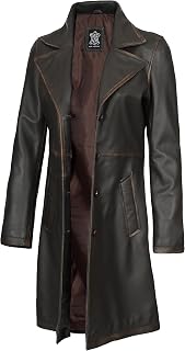 fjackets Leather Coat for Women - Real Lambskin Long Leather Jacket Women, Notch Lapel Collar Genuine Leather Car Coat Style