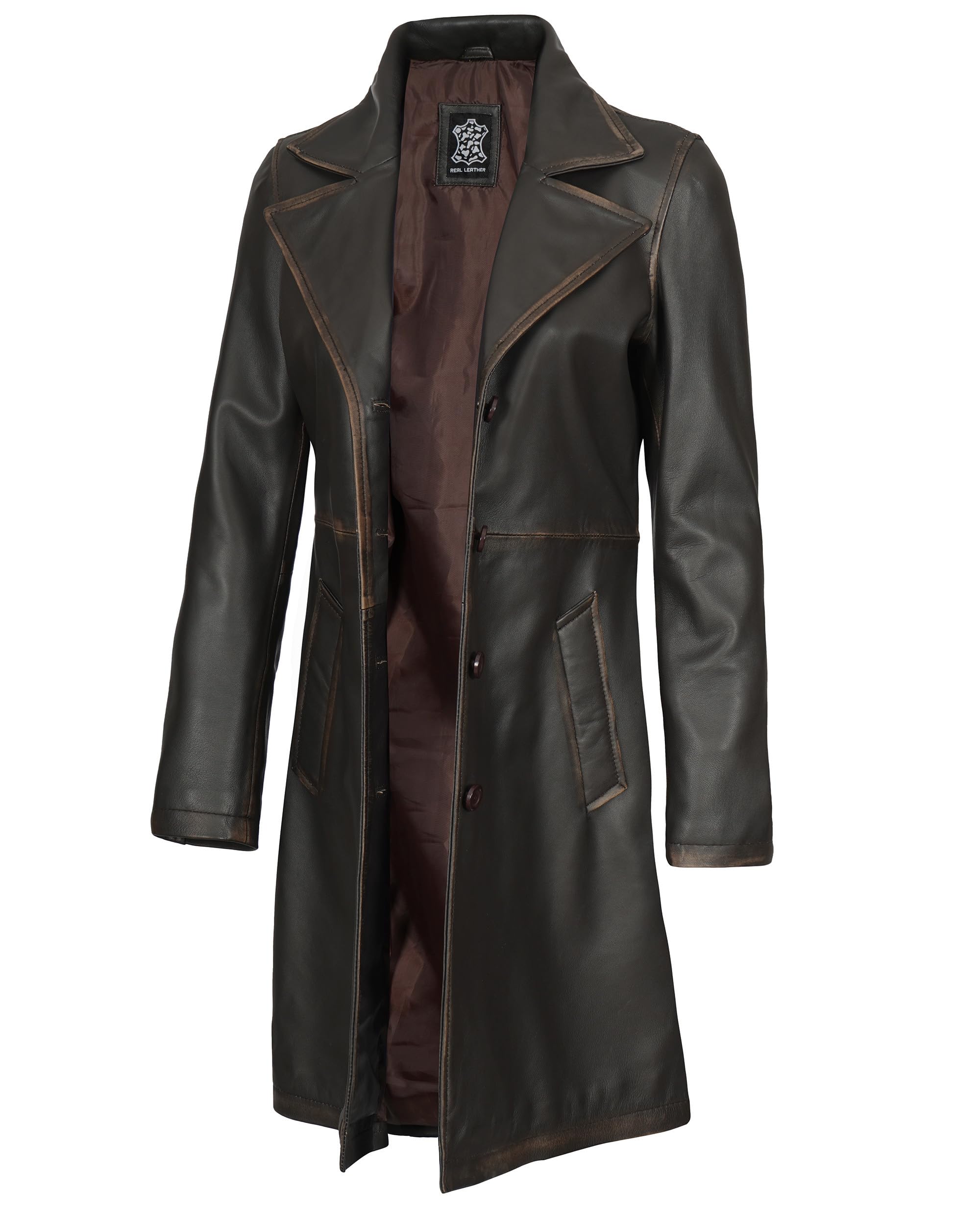 fjackets Leather Coat for Women - Real Lambskin Long Leather Jacket Women, Notch