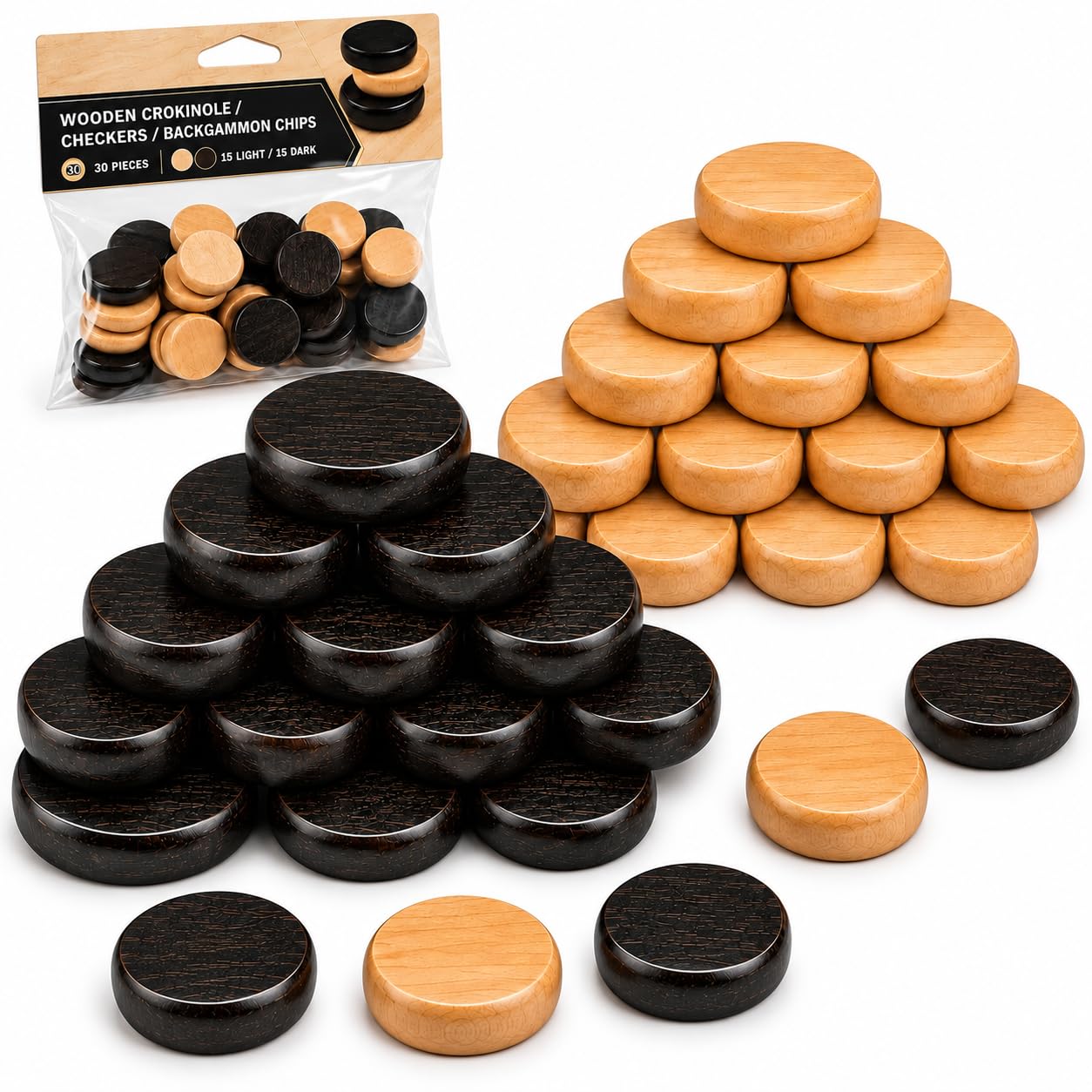 Tradeopia 30 Pieces Wooden Crokinole Discs, Crokinole Pieces 15 Dark and 15 Ligh