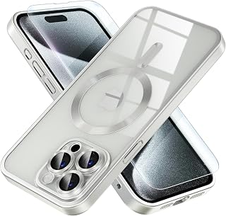 Misea Magnetic for iPhone 15 Pro Case [Never Yellowing] [Military Grade Drop Protection] Full Camera Lens Protector Soft Clear Phone Case for Women Girls, Titanium Silver